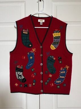 Talbots Women’s M Vintage 100% Wool Christmas Sweater Vest Stockings Red Holiday